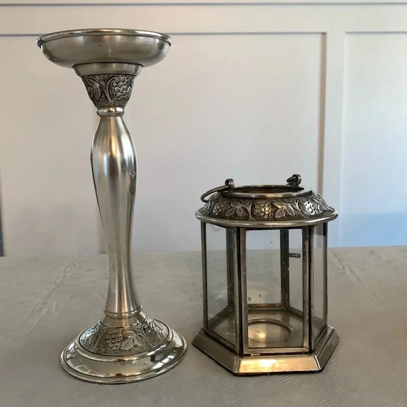Pottery Barn Pewter Silver Candle Holders Pewter Glass Candle Cage Grape Vines - Picture 1 of 16
